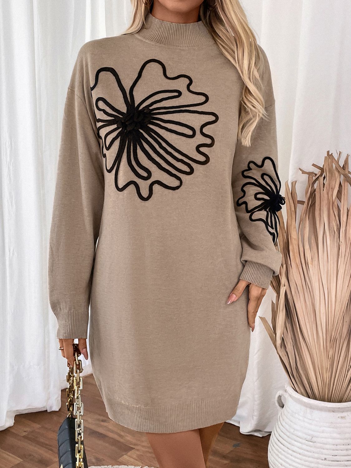 Perfee Flower Mock Neck Long Sleeve Sweater Dress - Pahabu - Women's Clothing & Shop