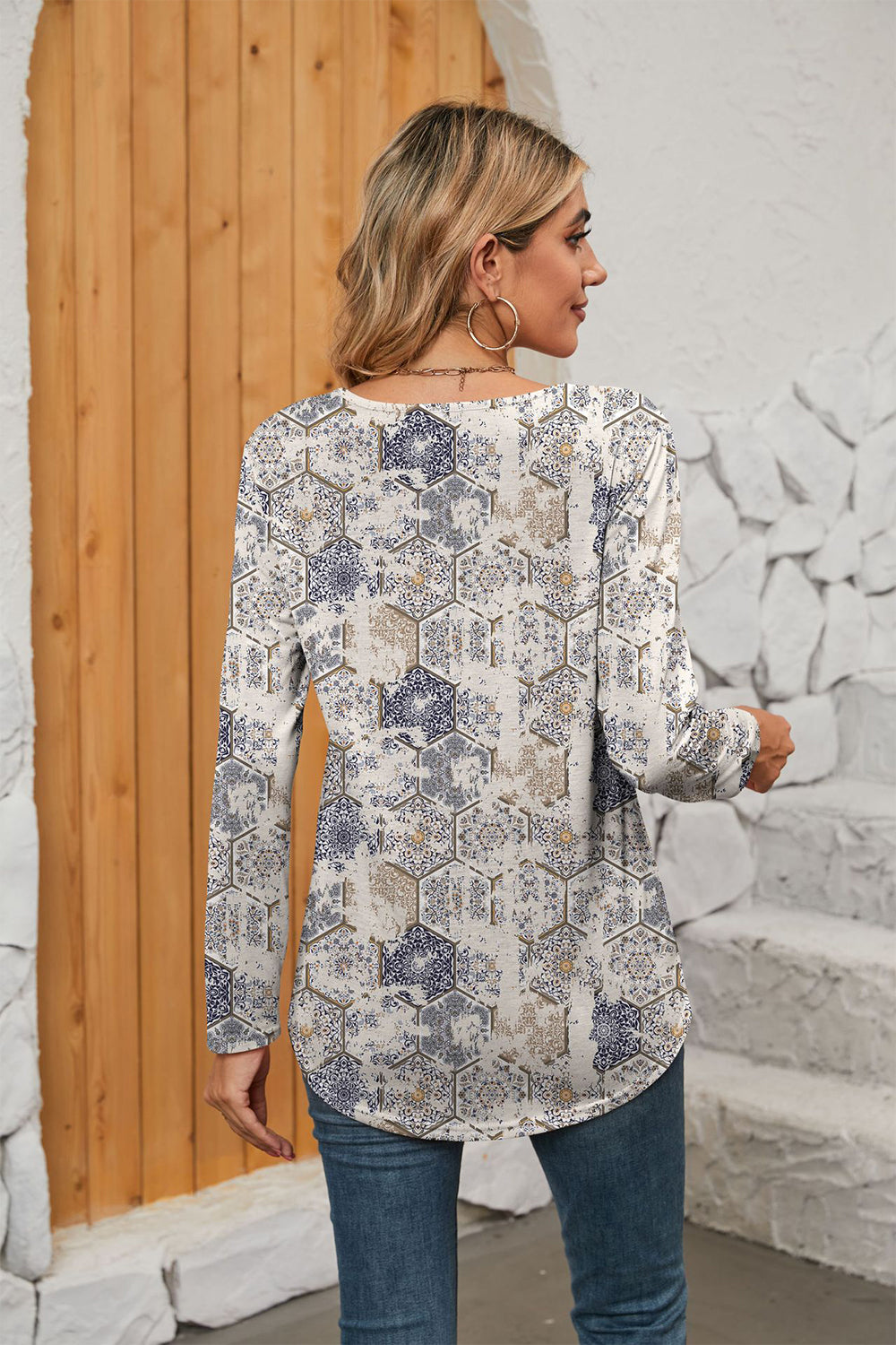 Printed Square Neck Long Sleeve Blouse - Pahabu - Women's Clothing & Shop