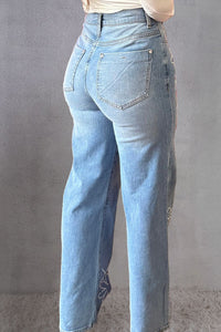 Rhinestone Straight Jeans with Pockets - Pahabu - Women's Clothing & Shop