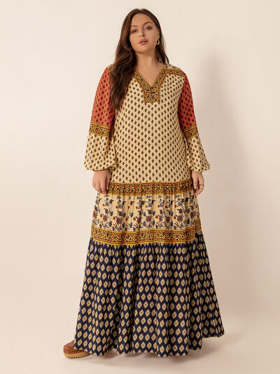 Plus Size Printed V-Neck Long Sleeve Maxi Dress - Pahabu - Women's Clothing & Shop