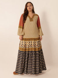 Plus Size Printed V-Neck Long Sleeve Maxi Dress - Pahabu - Women's Clothing & Shop
