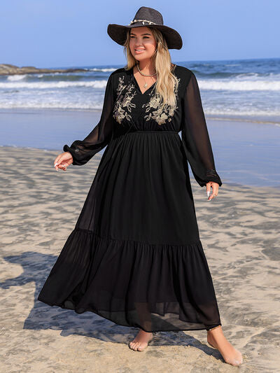 Plus Size Embroidered Tie Neck Long Sleeve Dress - Pahabu - Women's Clothing & Shop