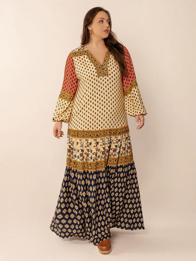 Plus Size Printed V-Neck Long Sleeve Maxi Dress - Pahabu - Women's Clothing & Shop