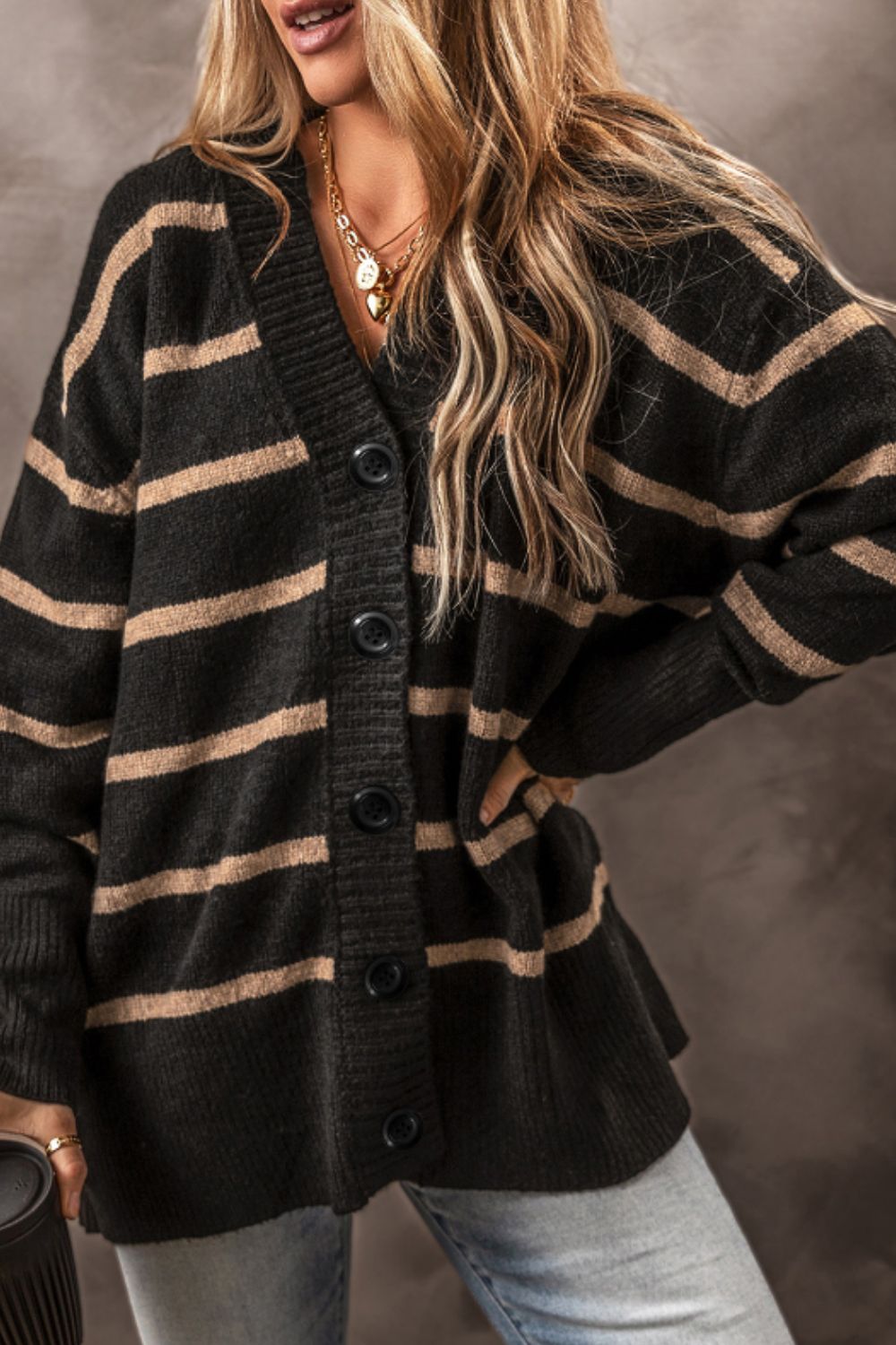 Striped Button Down Long Sleeve Cardigan - Pahabu - Women's Clothing & Shop