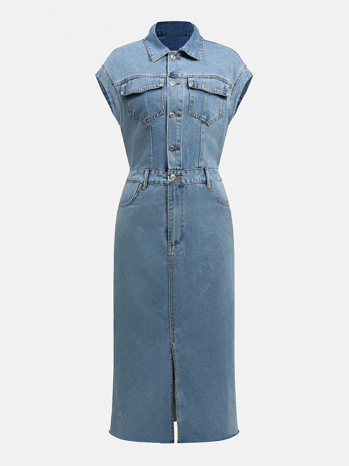 Slit Half Button Collared Neck Cap Sleeve Denim Dress - Pahabu - Women's Clothing & Shop