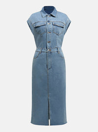 Slit Half Button Collared Neck Cap Sleeve Denim Dress - Pahabu - Women's Clothing & Shop