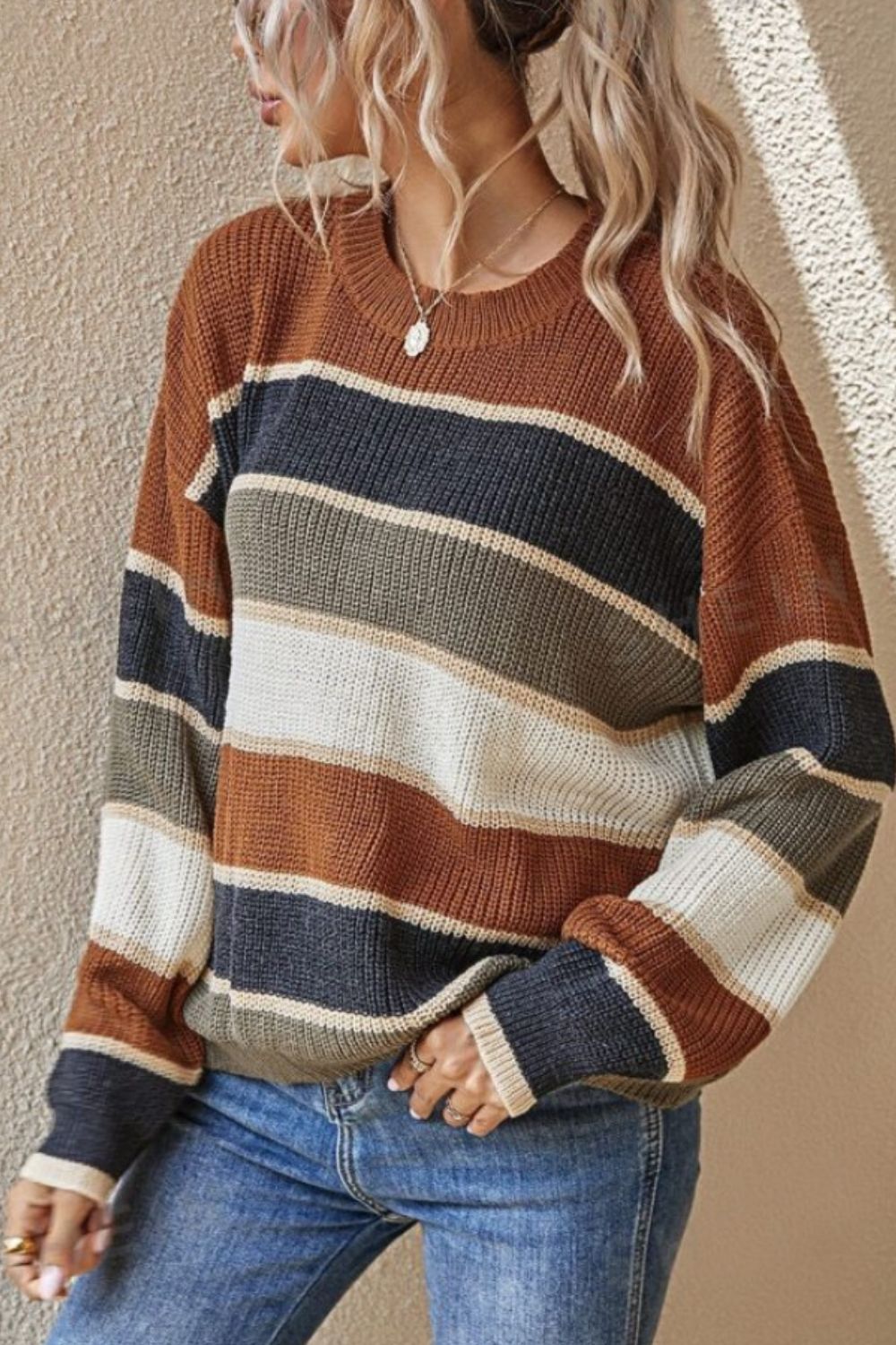 Contrast Striped Round Neck Long Sleeve Sweater - Pahabu - Women's Clothing & Shop