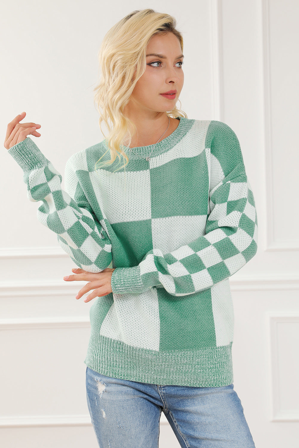 Checkered Drop Shoulder Long Sleeve Sweater - Pahabu - Women's Clothing & Shop