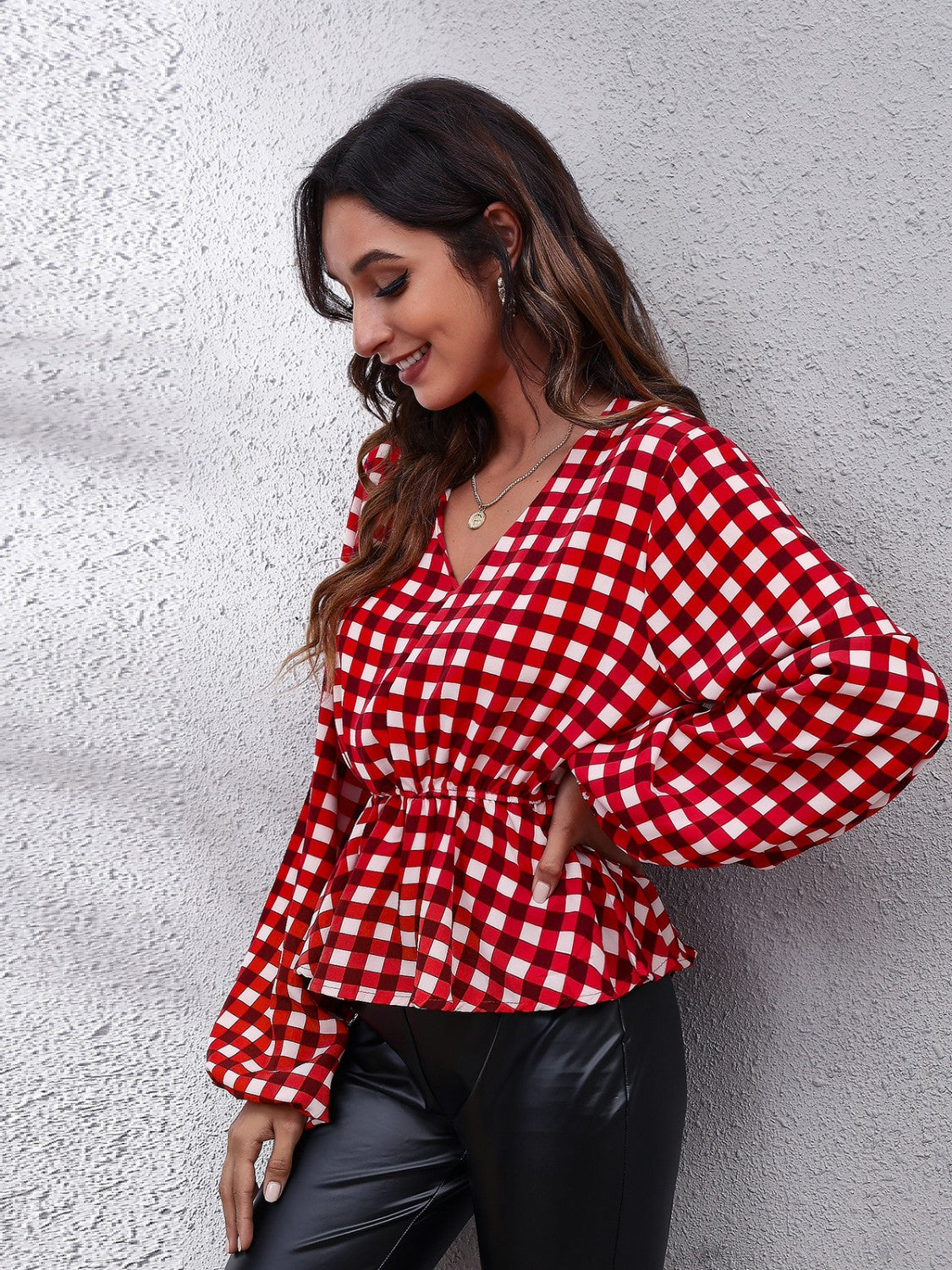 Plaid V-Neck Balloon Sleeve Peplum Blouse - Pahabu - Women's Clothing & Shop