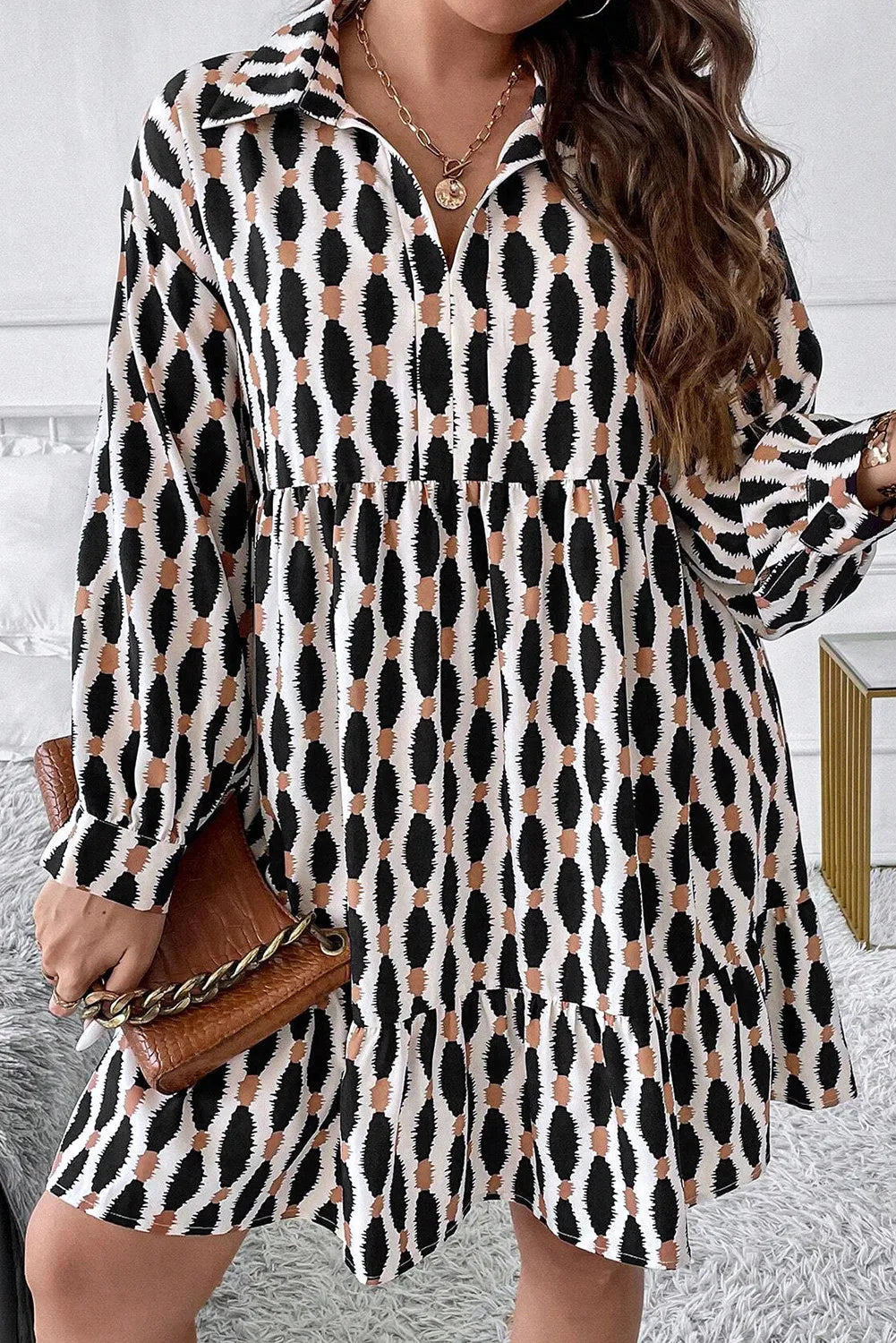 Plus Size Printed Johnny Collar Long Sleeve Dress - Pahabu - Women's Clothing & Shop
