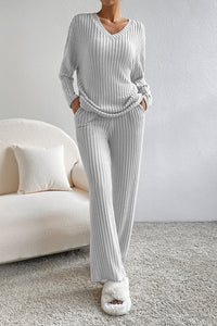 Ribbed V-Neck Top and Pants Lounge Set - Pahabu - Women's Clothing & Shop