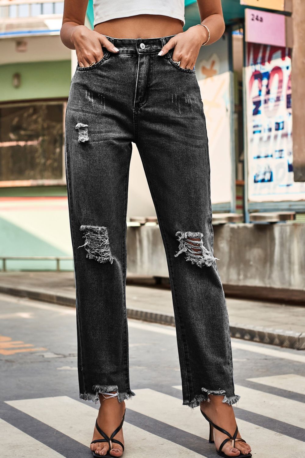 Distressed Buttoned Loose Fit Jeans - Pahabu - Women's Clothing & Shop