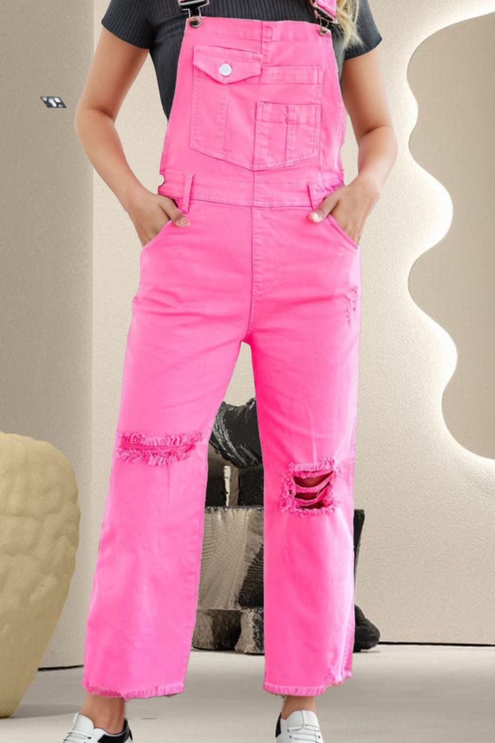 Distressed Pocketed Wide Strap Denim Overalls - Pahabu - Women's Clothing & Shop