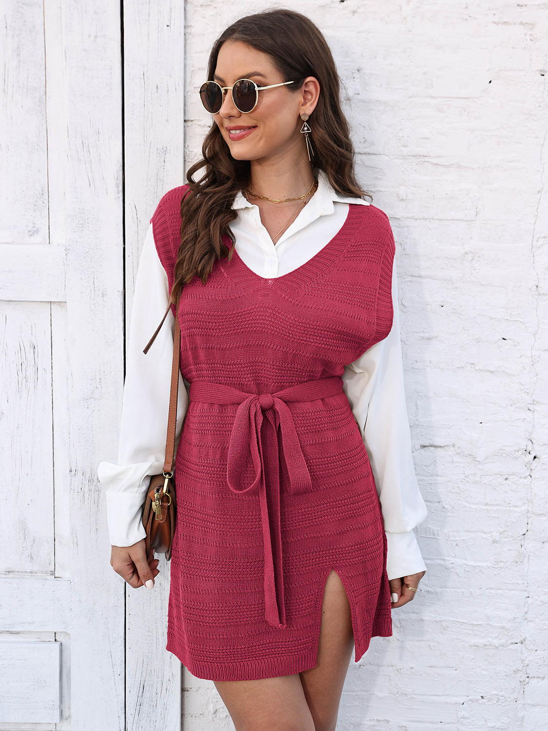 Tie Front V-Neck Sleeveless Slit Sweater Dress - Pahabu - Women's Clothing & Shop