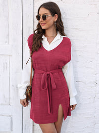 Tie Front V-Neck Sleeveless Slit Sweater Dress - Pahabu - Women's Clothing & Shop
