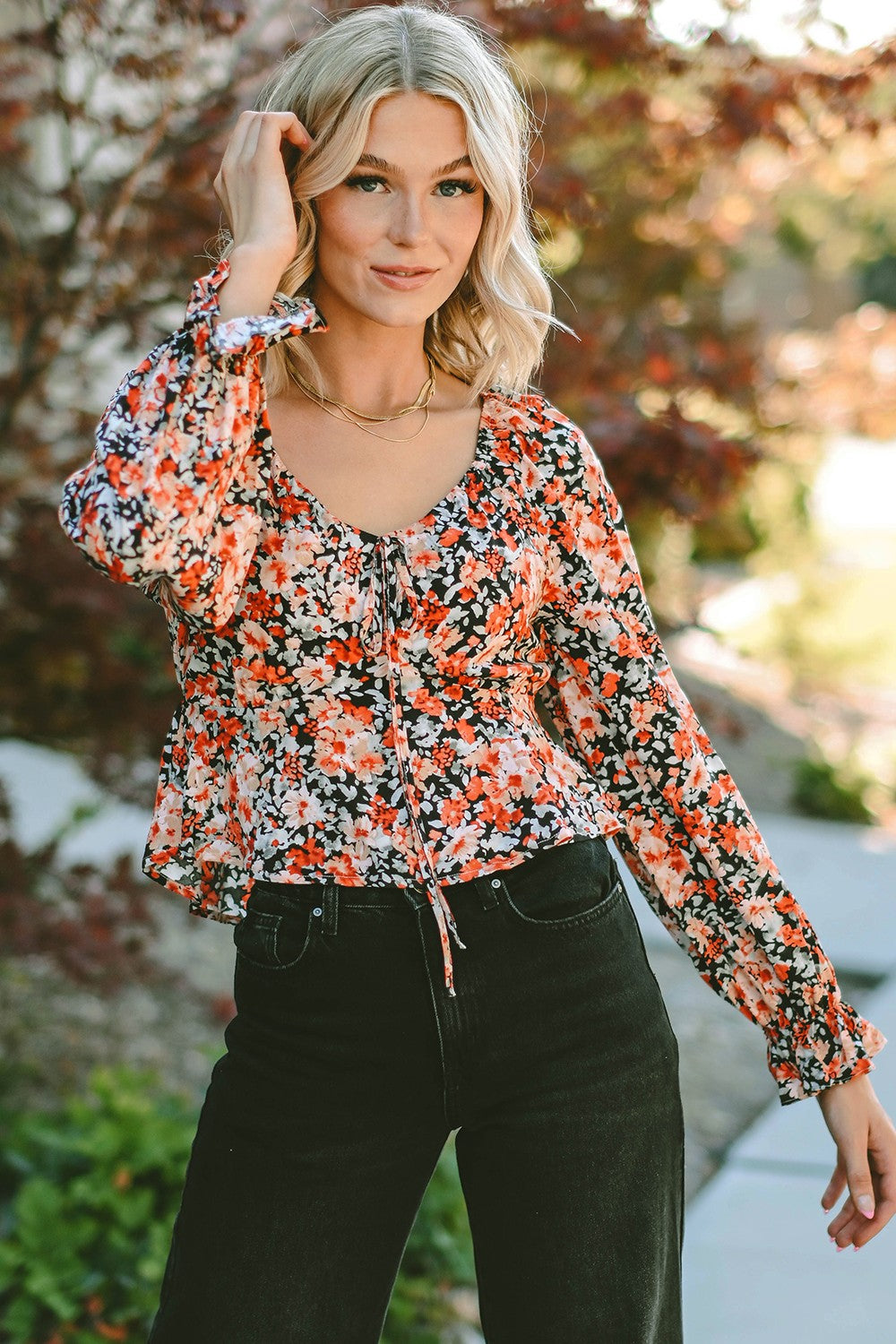 Floral Tied Flounce Sleeve Peplum Blouse - Pahabu - Women's Clothing & Shop