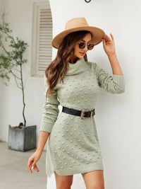 Turtleneck Long Sleeve Slit Sweater Dress - Pahabu - Women's Clothing & Shop