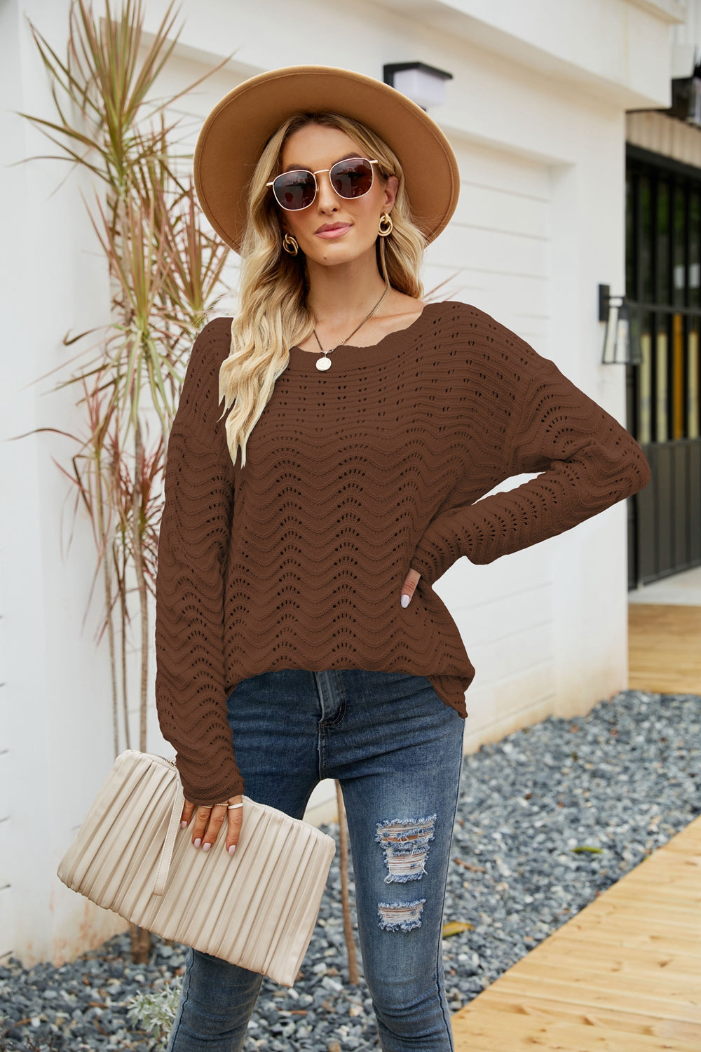 Woven Right Scalloped Boat Neck Openwork Tunic Sweater - Pahabu - Women's Clothing & Shop