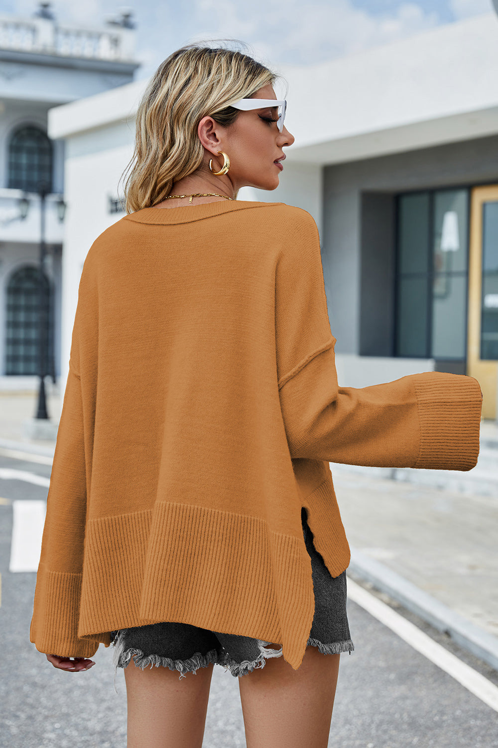 High-Low Slit Round Neck Long Sleeve Sweater - Pahabu - Women's Clothing & Shop