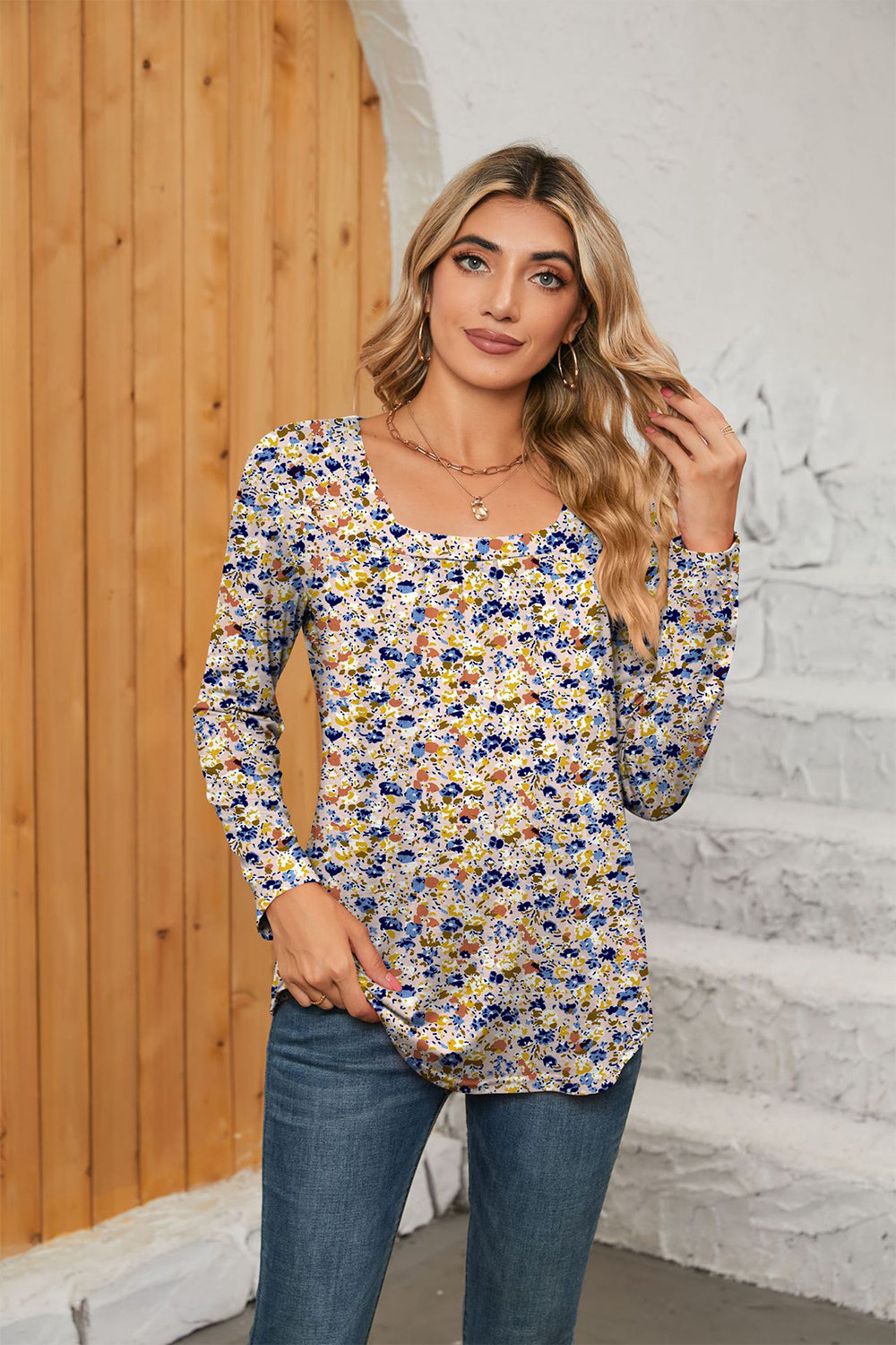 Printed Square Neck Long Sleeve Blouse - Pahabu - Women's Clothing & Shop