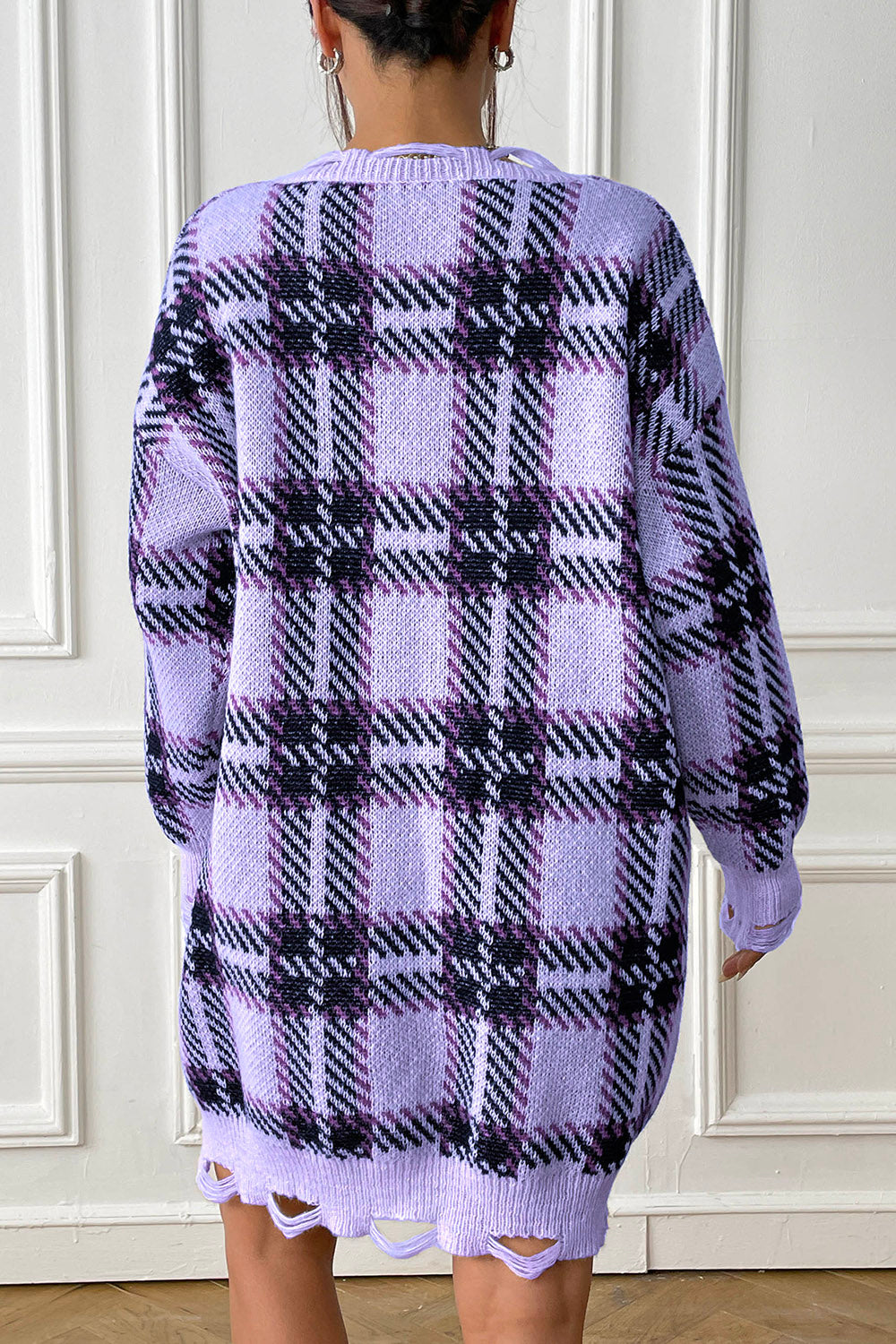 Plaid V-Neck Long Sleeve Sweater Dress - Pahabu - Women's Clothing & Shop