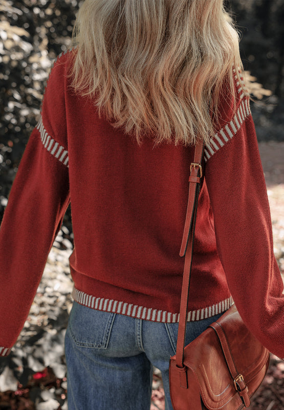 Striped Detail Round Neck Dropped Shoulder Sweater - Pahabu - Women's Clothing & Shop