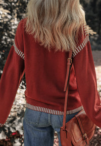 Striped Detail Round Neck Dropped Shoulder Sweater - Pahabu - Women's Clothing & Shop