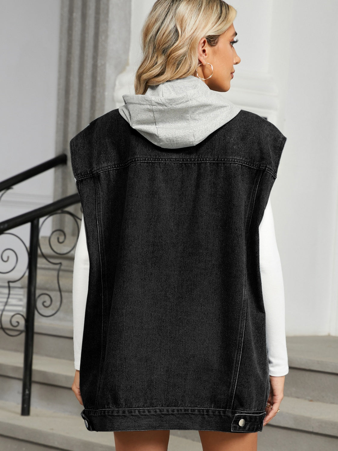 Removable Hood Button Up Cap Sleeve Denim Jacket - Pahabu - Women's Clothing & Shop