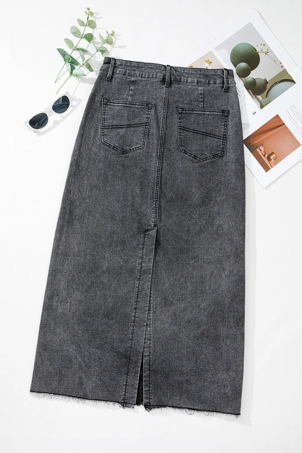 Raw Hem Midi Denim Skirt with Pockets - Pahabu - Women's Clothing & Shop