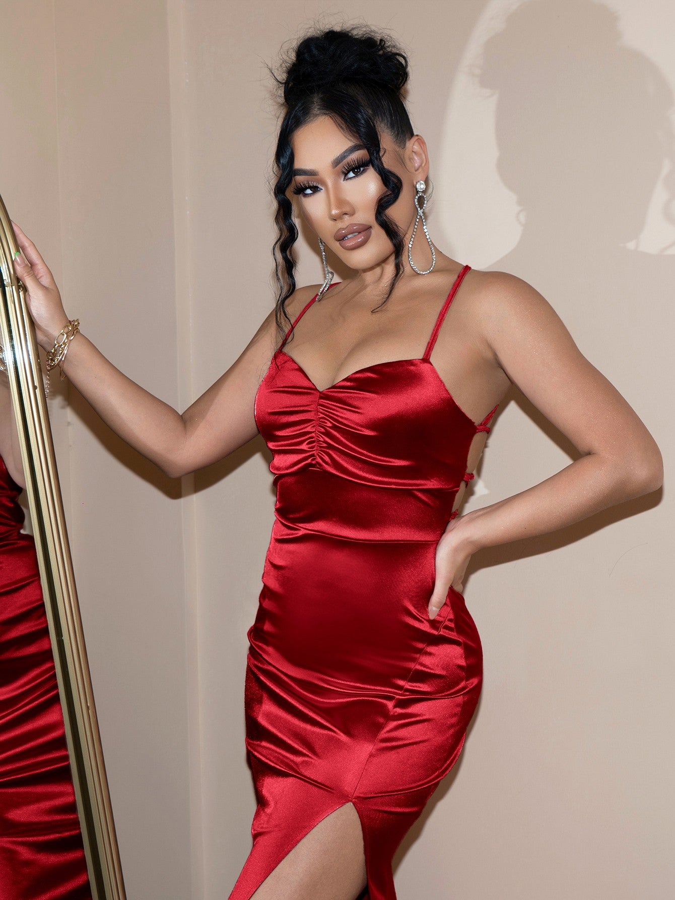 Backless Crisscross Ruched Split Satin Dress - Pahabu - Women's Clothing & Shop