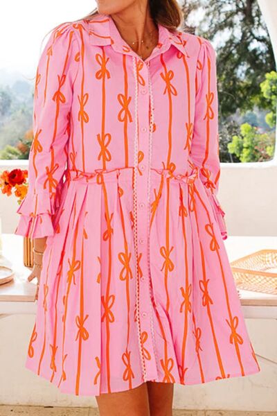 Ruffled Bow Printed Three-Quarter Sleeve Shirt Dress - Pahabu - Women's Clothing & Shop