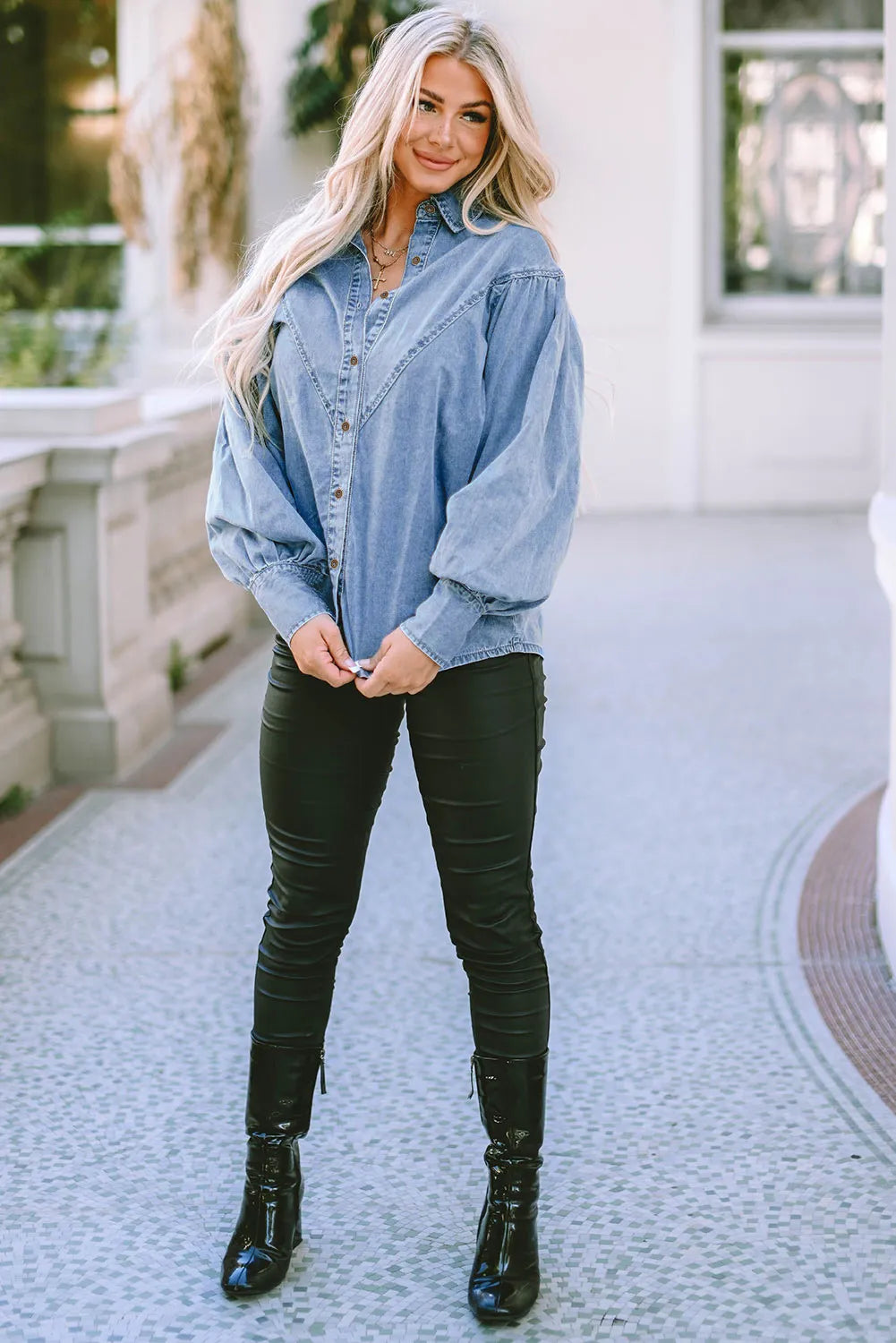 Collared Neck Lantern Sleeve Denim Top - Pahabu - Women's Clothing & Shop