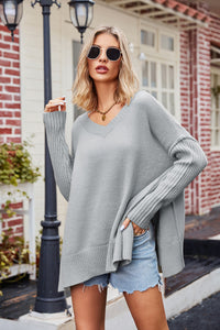 Slit V-Neck Dropped Shoulder Sweater - Pahabu - Women's Clothing & Shop