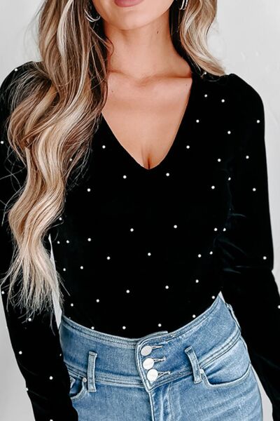 Pearl Detail Velvet V-Neck Long Sleeve Bodysuit - Pahabu - Women's Clothing & Shop