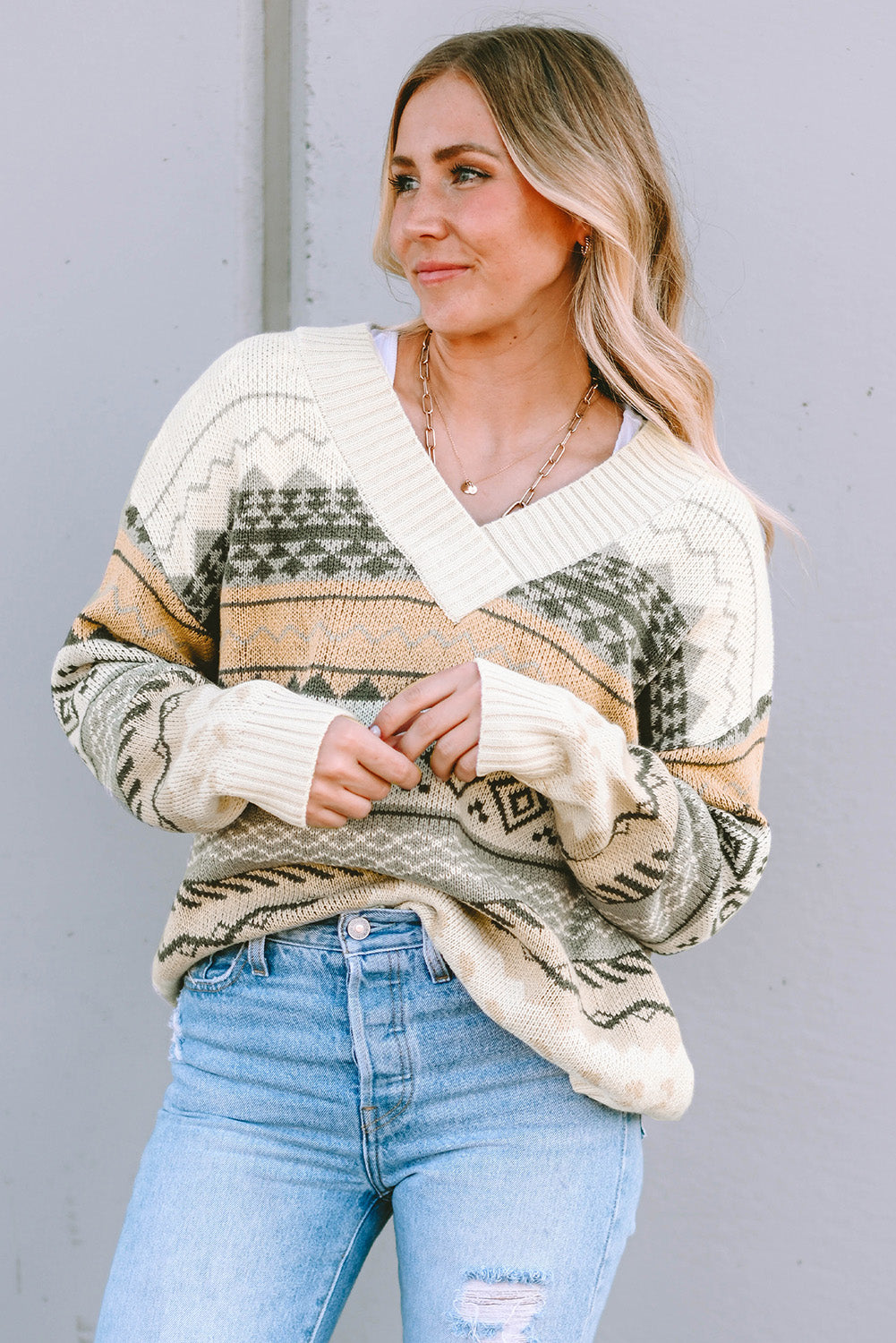 Geometric V-Neck Dropped Shoulder Sweater - Pahabu - Women's Clothing & Shop