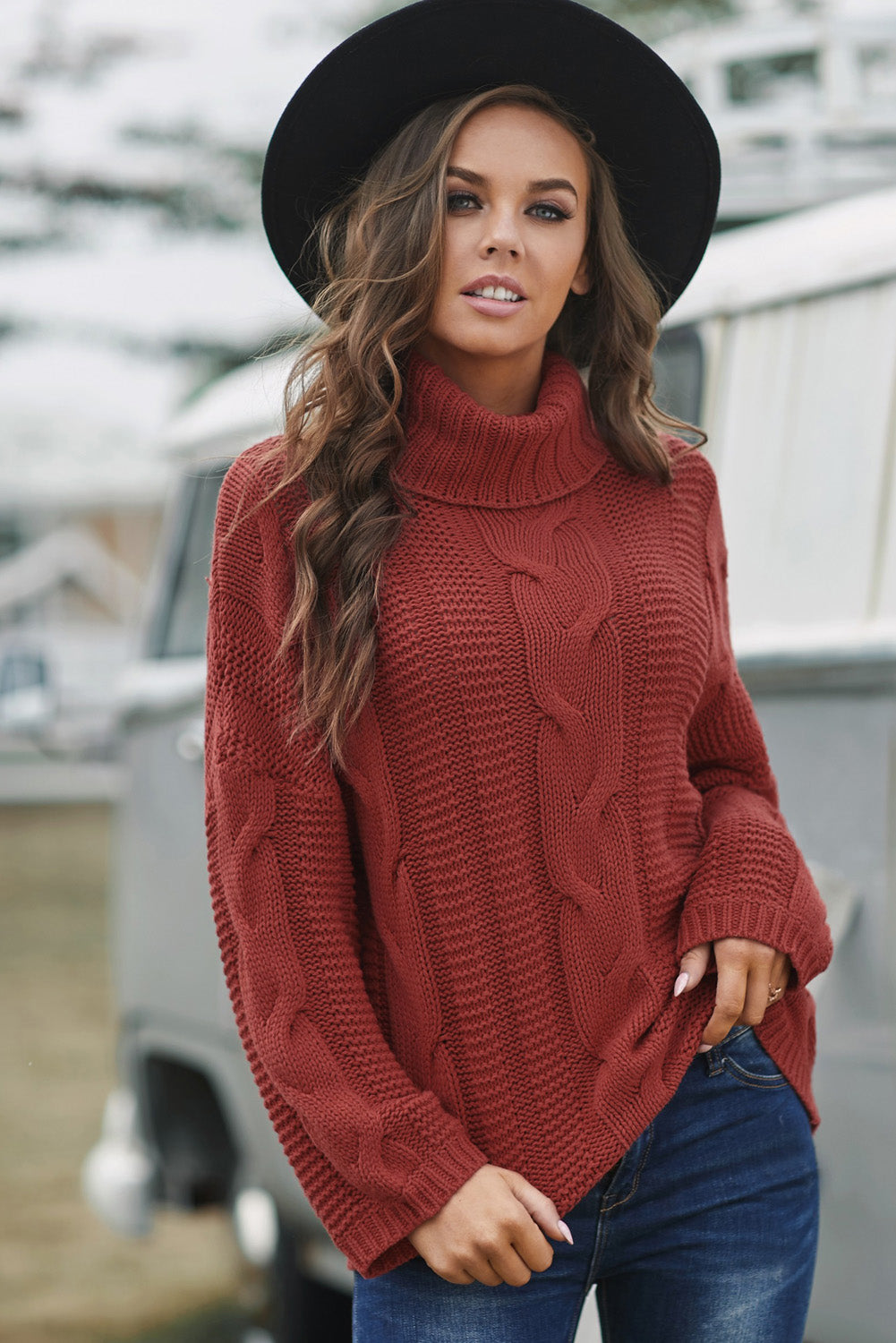 Cable-Knit Turtleneck Dropped Shoulder Sweater - Pahabu - Women's Clothing & Shop