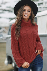Cable-Knit Turtleneck Dropped Shoulder Sweater - Pahabu - Women's Clothing & Shop