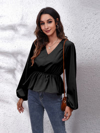 V-Neck Balloon Sleeve Peplum Blouse - Pahabu - Women's Clothing & Shop