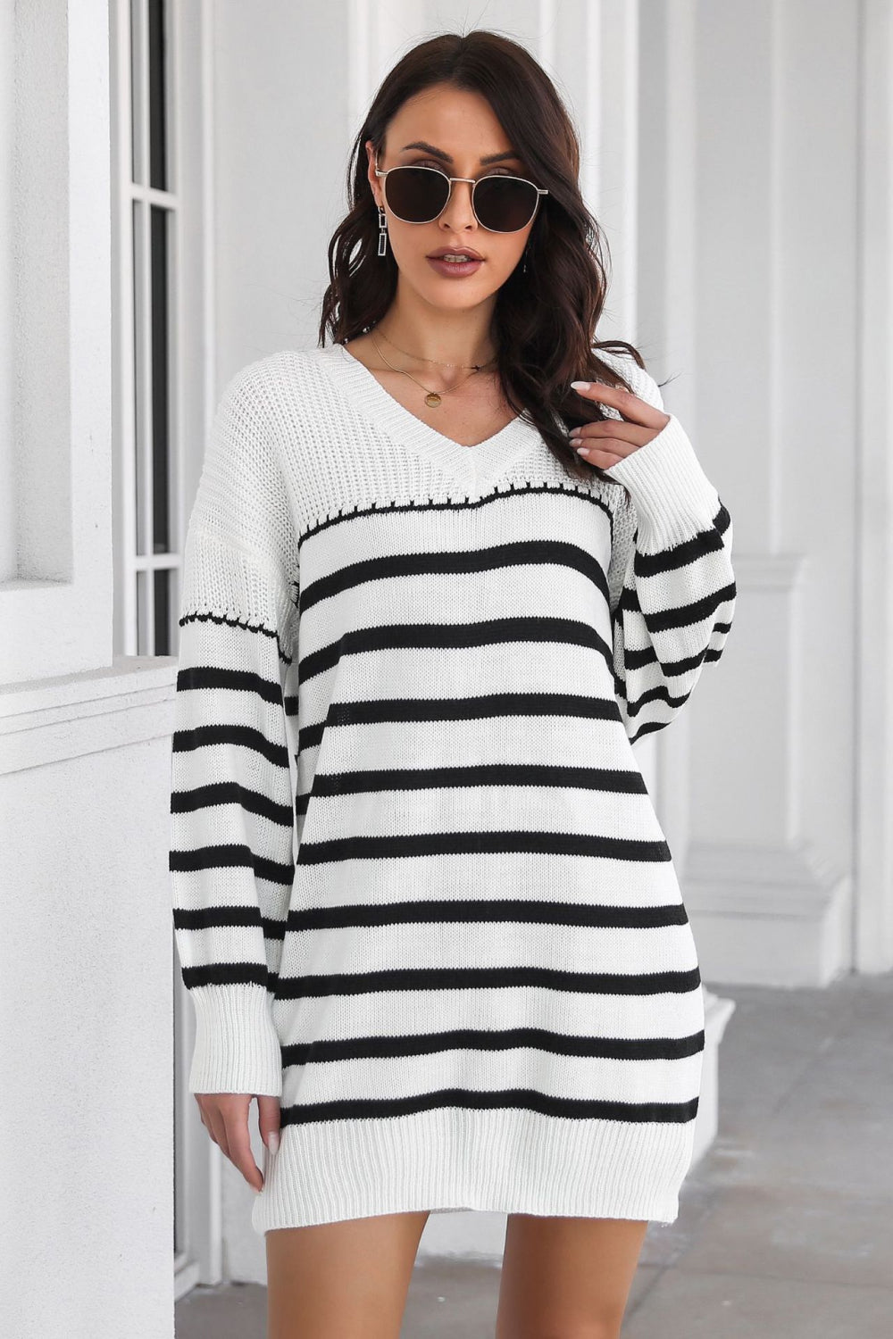Striped V-Neck Drop Shulder Sweater Dress - Pahabu - Women's Clothing & Shop