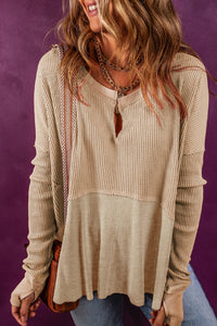 Notched Neck Long Sleeve Slit Blouse - Pahabu - Women's Clothing & Shop