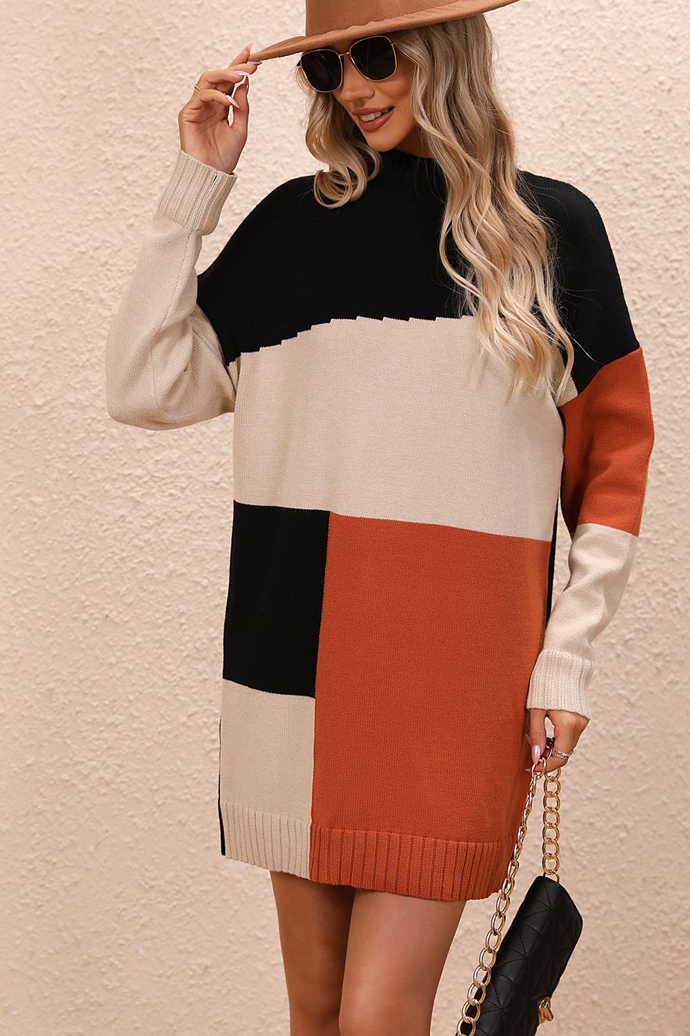 Color Block Mock Neck Dropped Shoulder Sweater Dress - Pahabu - Women's Clothing & Shop
