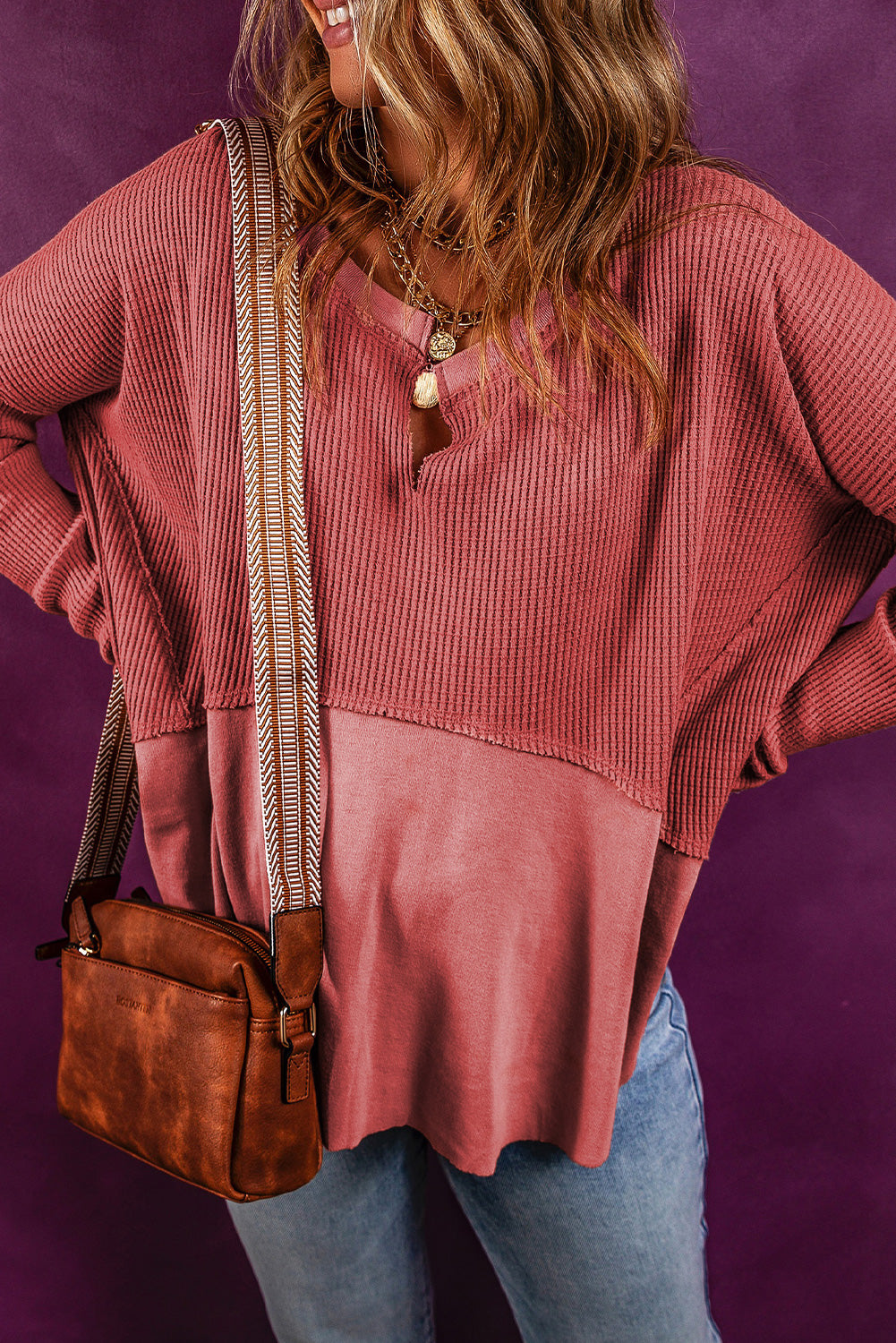 Notched Neck Long Sleeve Slit Blouse - Pahabu - Women's Clothing & Shop