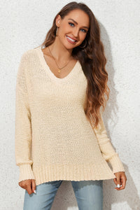 V-Neck Drop Shoulder Slit Sweater - Pahabu - Women's Clothing & Shop