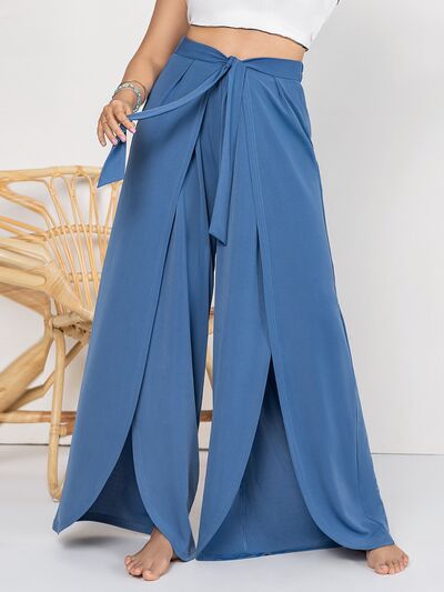 Plus Size Tied Slit Wide Leg Pants - Pahabu - Women's Clothing & Shop