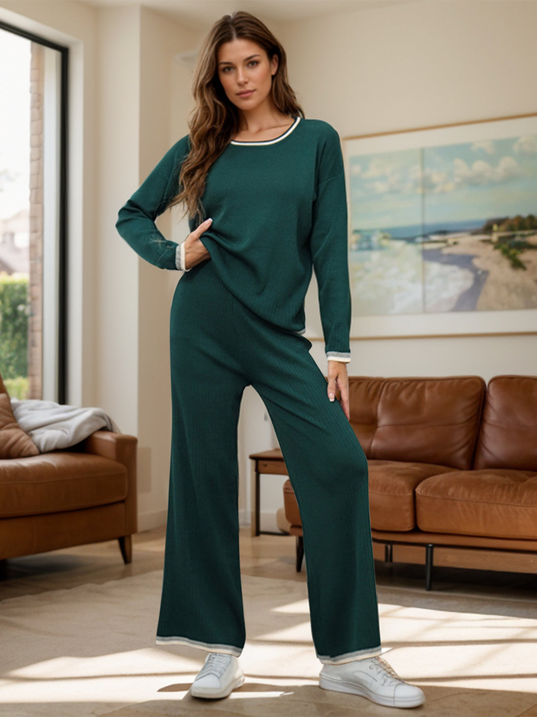 Contrast Trim Round Neck Top and Pants Sweater Set - Pahabu - Women's Clothing & Shop