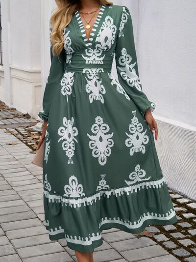Devine Ruffled Printed Plunge Long Sleeve Dress - Pahabu - Women's Clothing & Shop