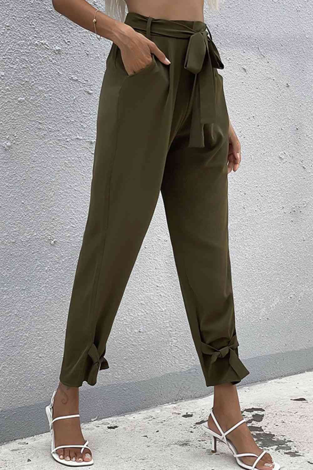 Perfee Tie Detail Belted Pants with Pockets - Pahabu - Women's Clothing & Shop