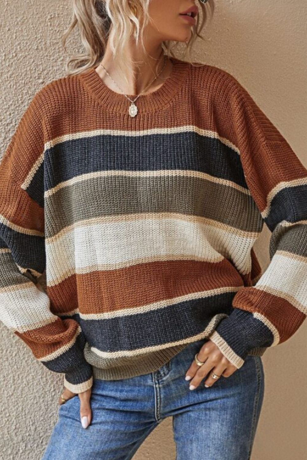 Contrast Striped Round Neck Long Sleeve Sweater - Pahabu - Women's Clothing & Shop