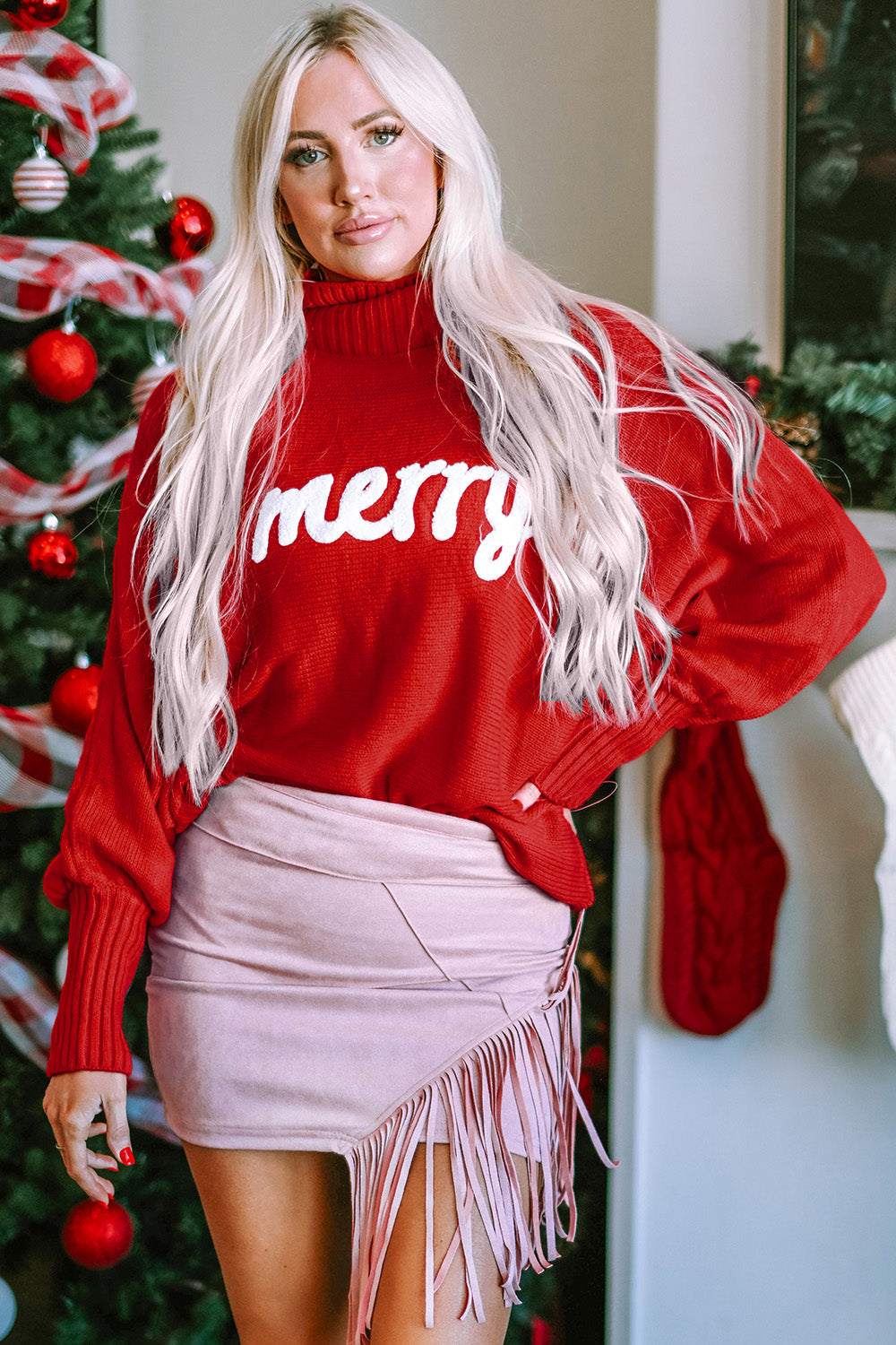 Double Take Full Size Merry Christmas Turtleneck Long Sleeve Sweater - Pahabu - Women's Clothing & Shop