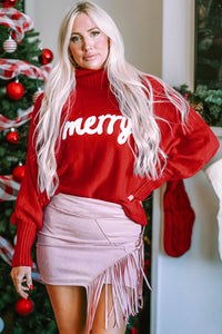 Double Take Full Size Merry Christmas Turtleneck Long Sleeve Sweater - Pahabu - Women's Clothing & Shop
